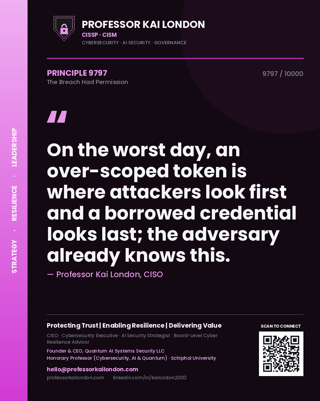 Quote card by Professor Kai London reading 'On the worst day, an over-scoped token is where attackers look first and a borrowed credential looks last; the adversary already knows this.'. From the book The Breach Had Permission.