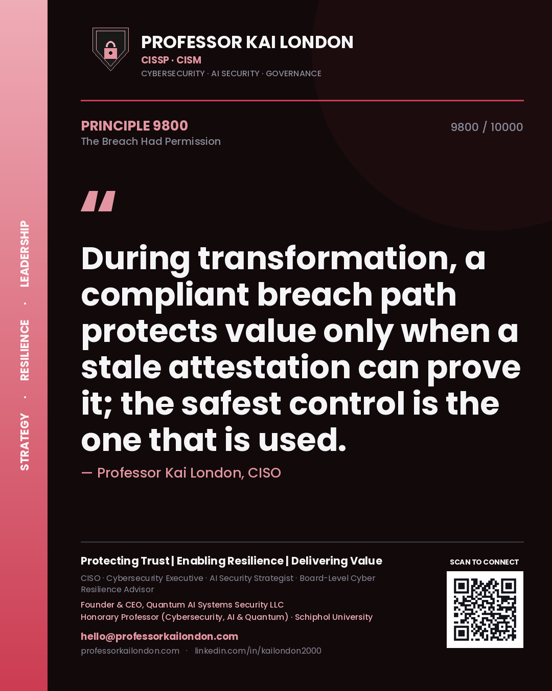 Professor Kai London principle 9800: During transformation, a compliant breach path protects value only when a stale attestation can prove it; the safest control is the one that is used.