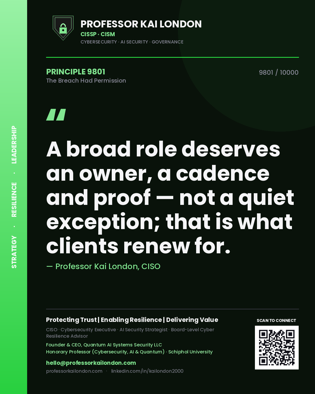 Professor Kai London principle 9801: A broad role deserves an owner, a cadence and proof — not a quiet exception; that is what clients renew for.