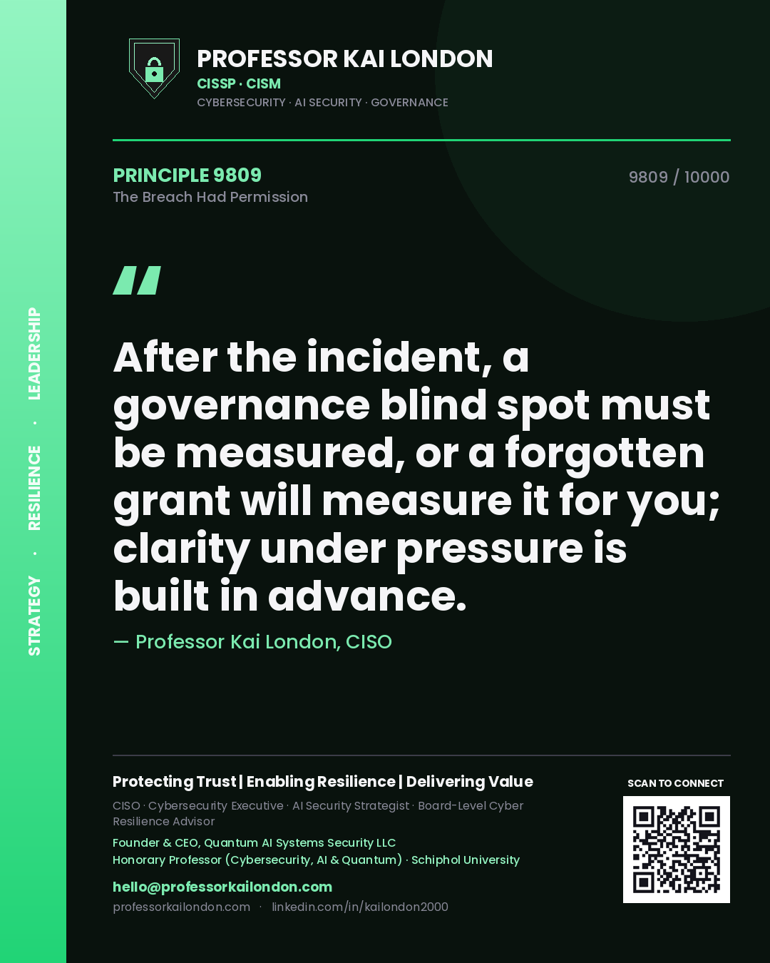Professor Kai London principle 9809: After the incident, a governance blind spot must be measured, or a forgotten grant will measure it for you; clarity under pressure is built in advance.