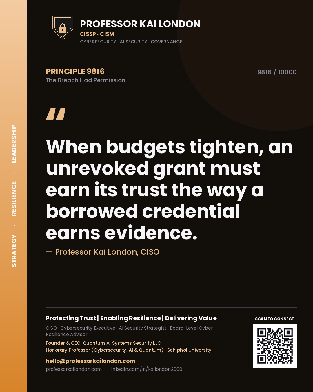 Quote card by Professor Kai London reading 'When budgets tighten, an unrevoked grant must earn its trust the way a borrowed credential earns evidence.'. From the book The Breach Had Permission.