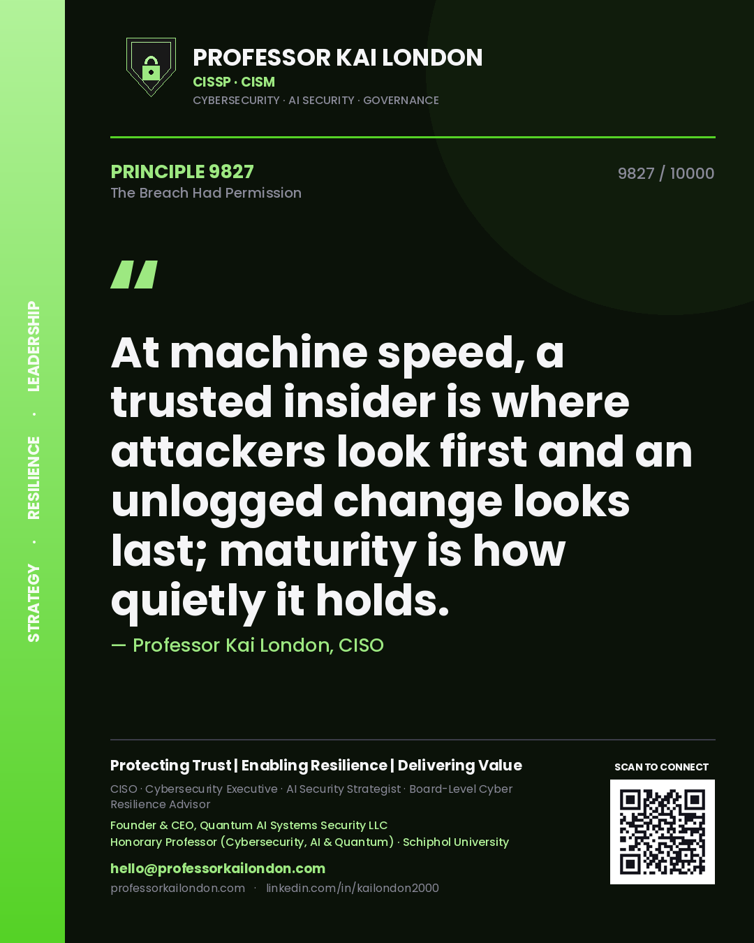 Quote card by Professor Kai London reading 'At machine speed, a trusted insider is where attackers look first and an unlogged change looks last; maturity is how quietly it holds.'. From the book The Breach Had Permission.