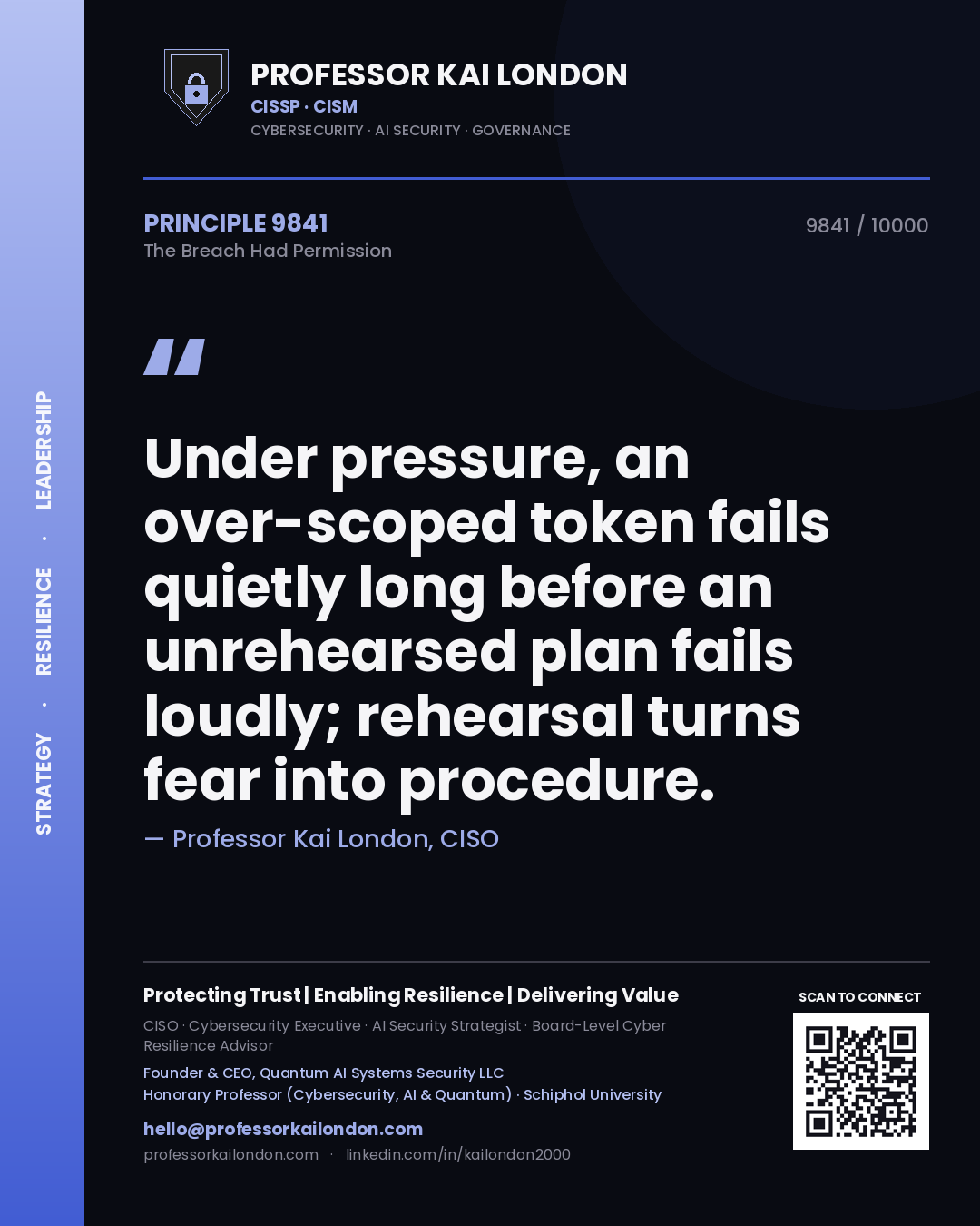 Professor Kai London principle 9841: Under pressure, an over-scoped token fails quietly long before an unrehearsed plan fails loudly; rehearsal turns fear into procedure.