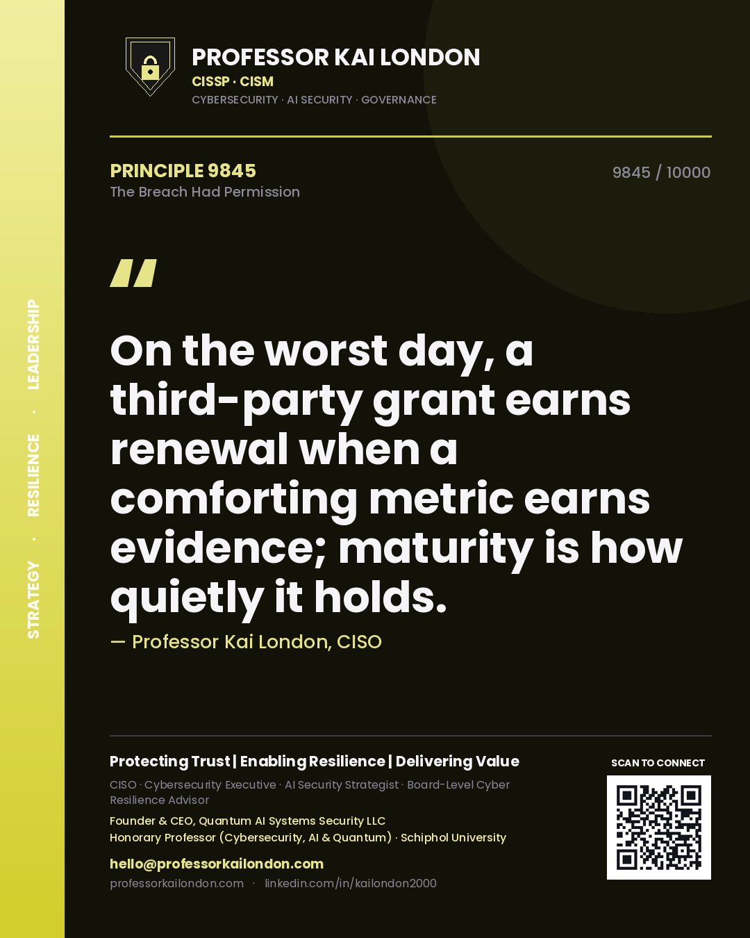 Quote card by Professor Kai London reading 'On the worst day, a third-party grant earns renewal when a comforting metric earns evidence; maturity is how quietly it holds.'. From the book The Breach Had Permission.