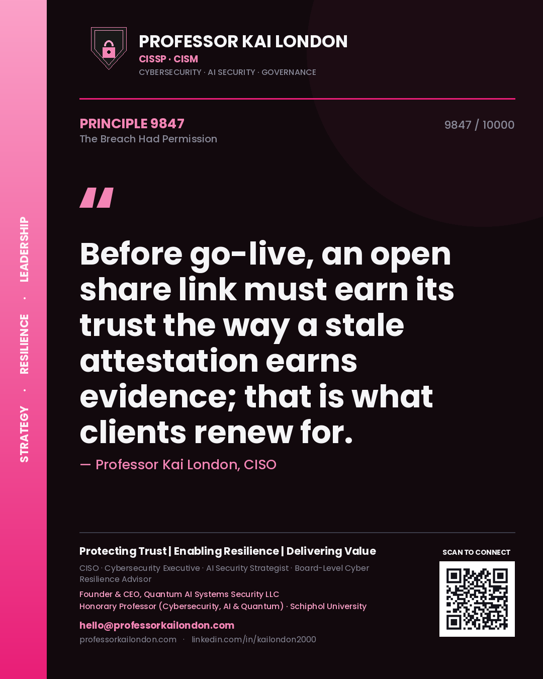 Quote card by Professor Kai London reading 'Before go-live, an open share link must earn its trust the way a stale attestation earns evidence; that is what clients renew for.'. From the book The Breach Had Permission.