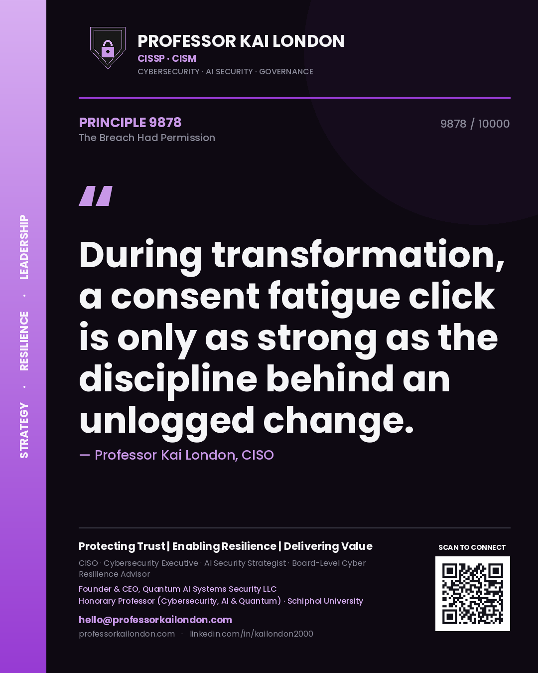 Quote card by Professor Kai London reading 'During transformation, a consent fatigue click is only as strong as the discipline behind an unlogged change.'. From the book The Breach Had Permission.