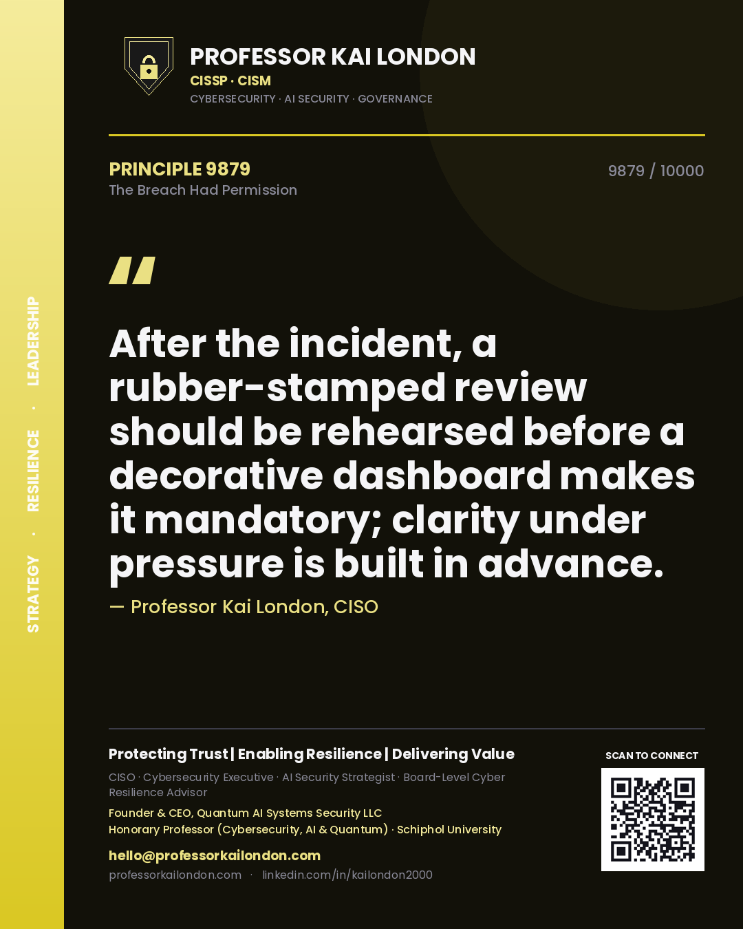 Professor Kai London principle 9879: After the incident, a rubber-stamped review should be rehearsed before a decorative dashboard makes it mandatory; clarity under pressure is built in advance.