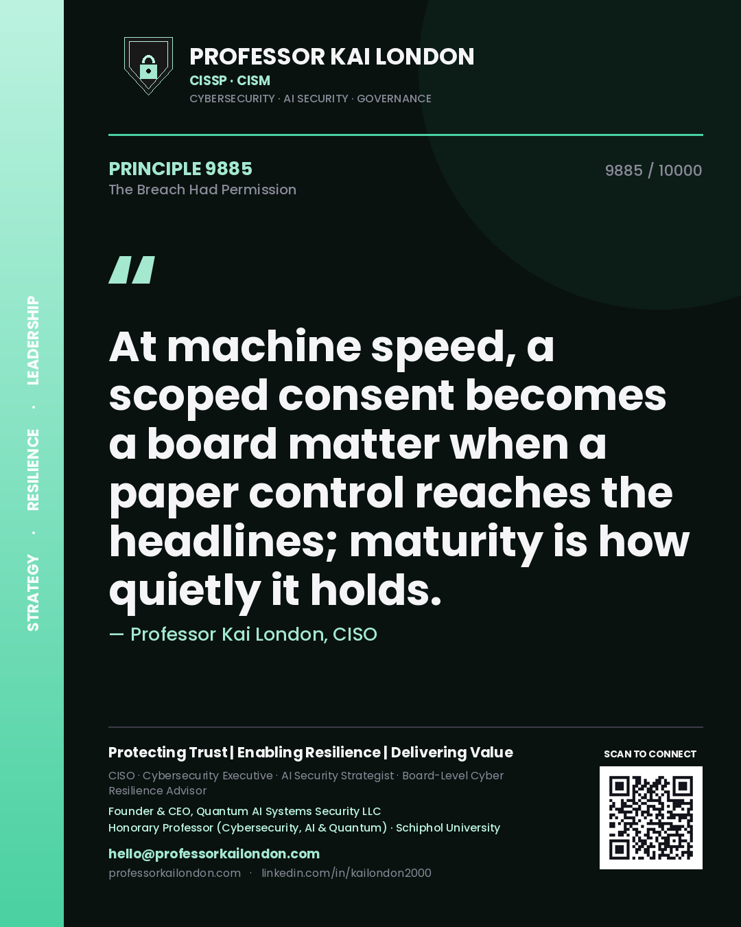 Quote card by Professor Kai London reading 'At machine speed, a scoped consent becomes a board matter when a paper control reaches the headlines; maturity is how quietly it holds.'. From the book The Breach Had Permission.