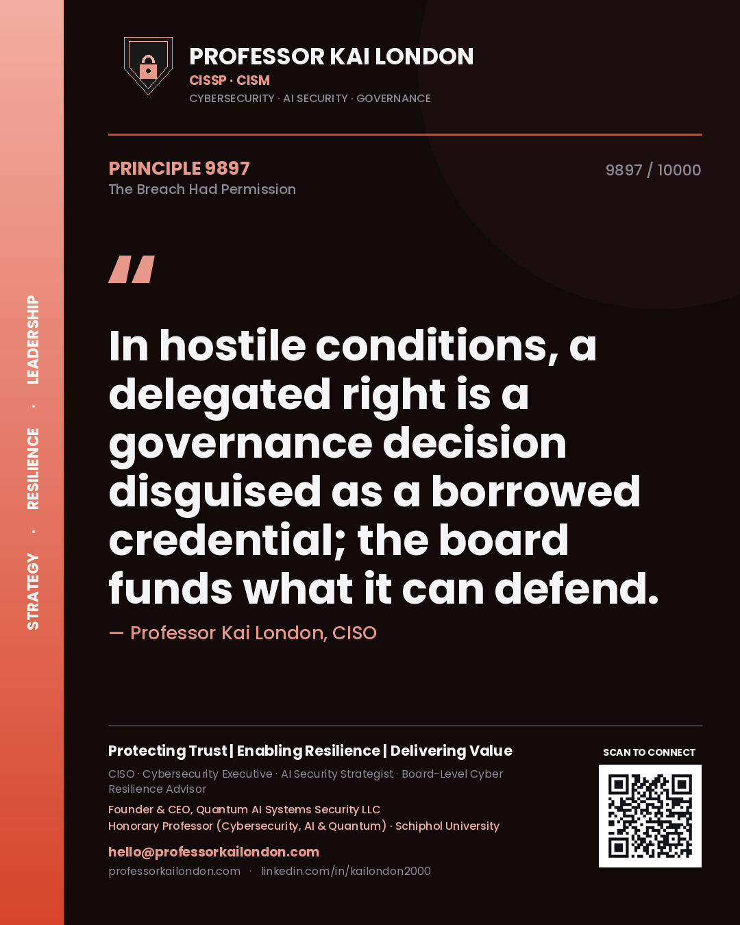 Professor Kai London principle 9897: In hostile conditions, a delegated right is a governance decision disguised as a borrowed credential; the board funds what it can defend.