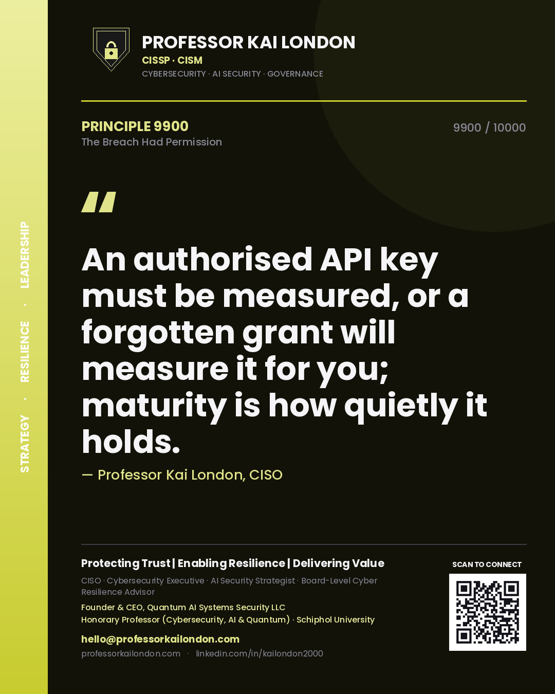 Quote card by Professor Kai London reading 'An authorised API key must be measured, or a forgotten grant will measure it for you; maturity is how quietly it holds.'. From the book The Breach Had Permission.