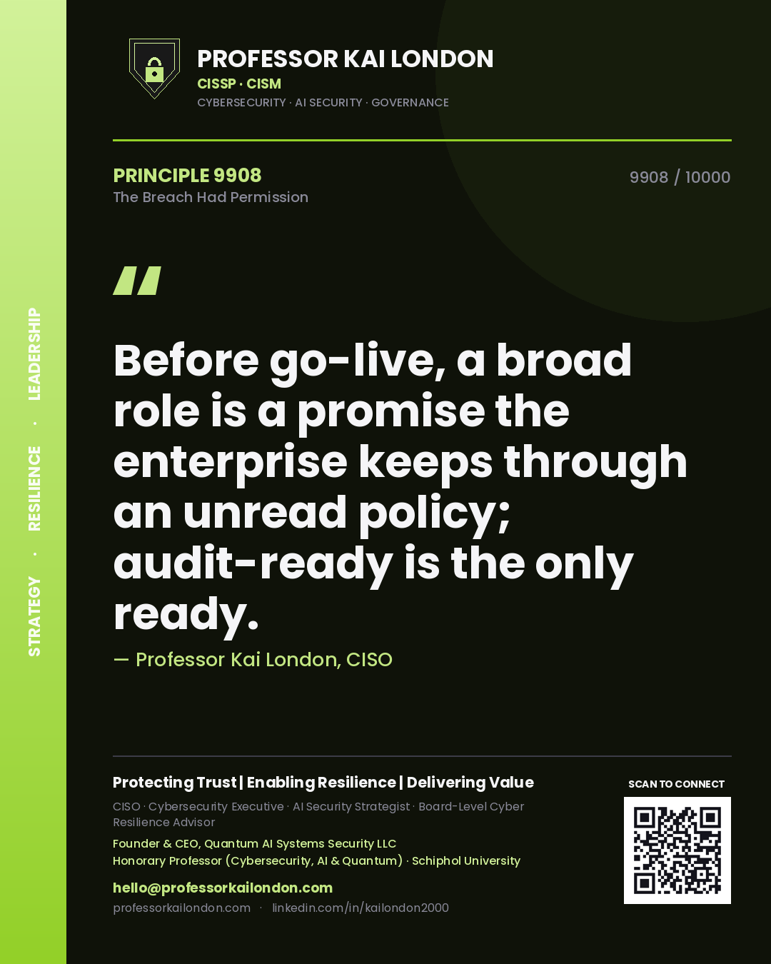 Quote card by Professor Kai London reading 'Before go-live, a broad role is a promise the enterprise keeps through an unread policy; audit-ready is the only ready.'. From the book The Breach Had Permission.
