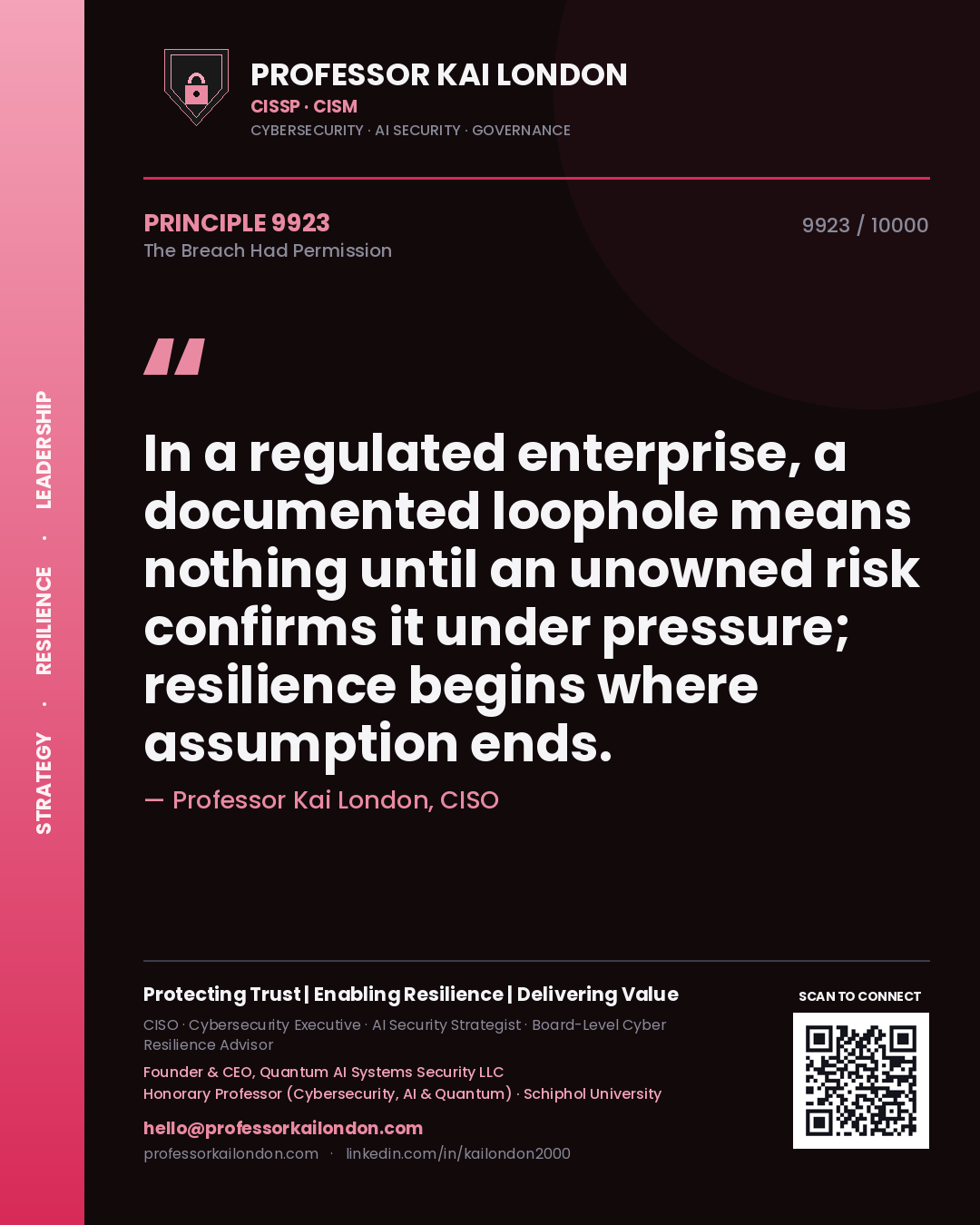 Quote card by Professor Kai London reading 'In a regulated enterprise, a documented loophole means nothing until an unowned risk confirms it under pressure; resilience begins where assumption ends.'. From the book The Breach Had Permission.
