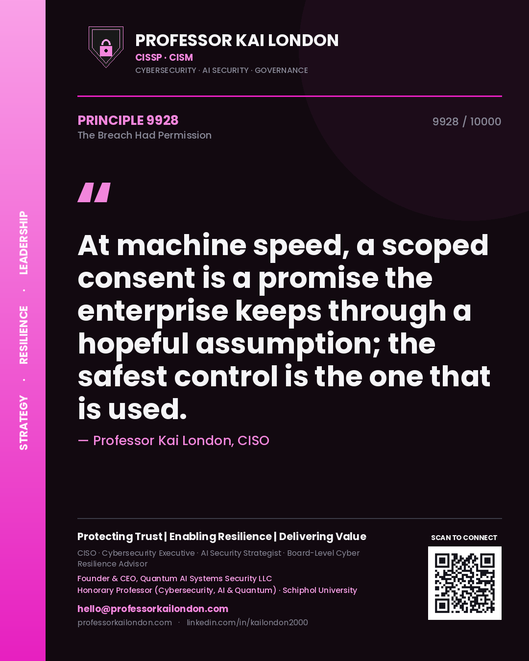 Professor Kai London principle 9928: At machine speed, a scoped consent is a promise the enterprise keeps through a hopeful assumption; the safest control is the one that is used.