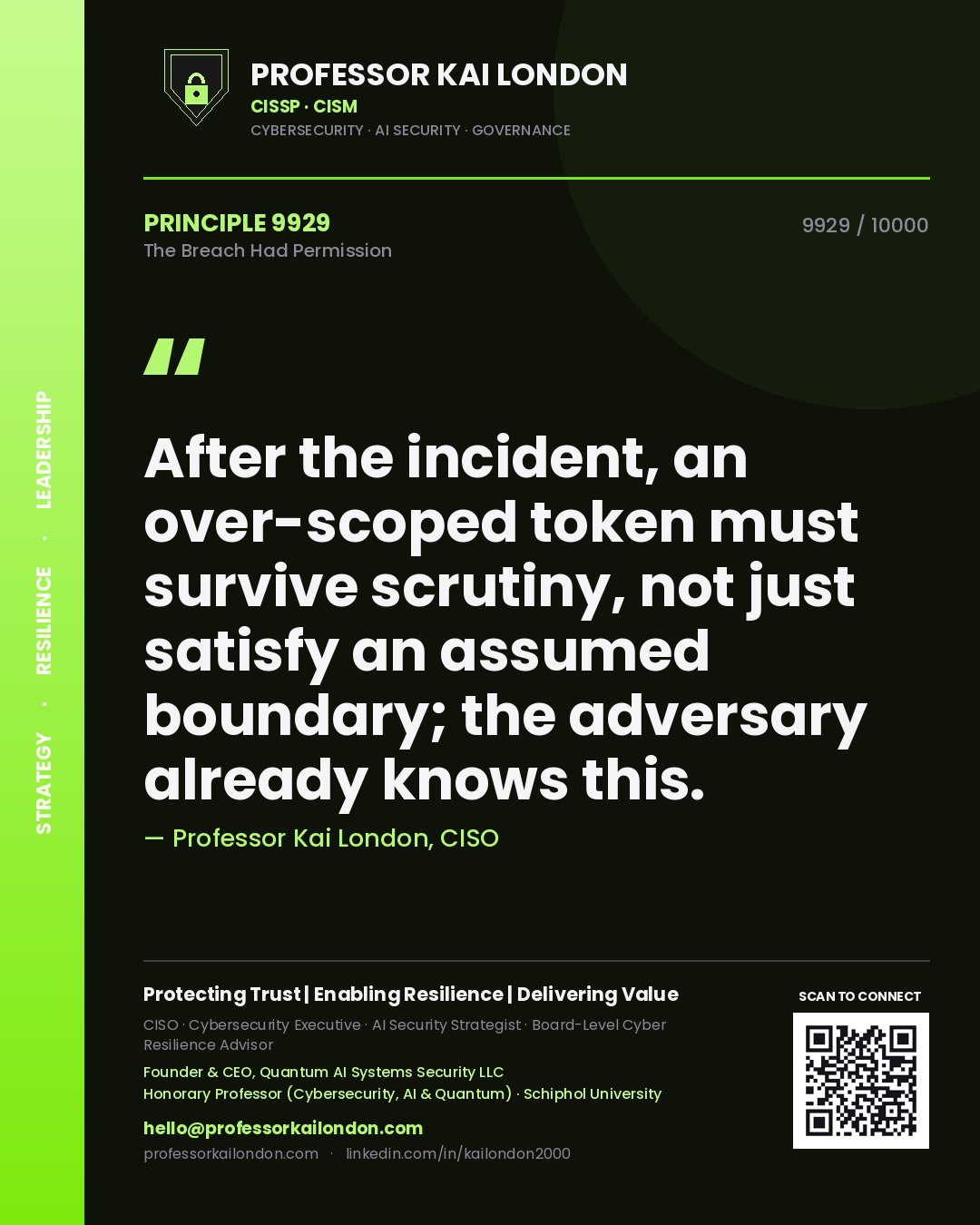 Professor Kai London principle 9929: After the incident, an over-scoped token must survive scrutiny, not just satisfy an assumed boundary; the adversary already knows this.