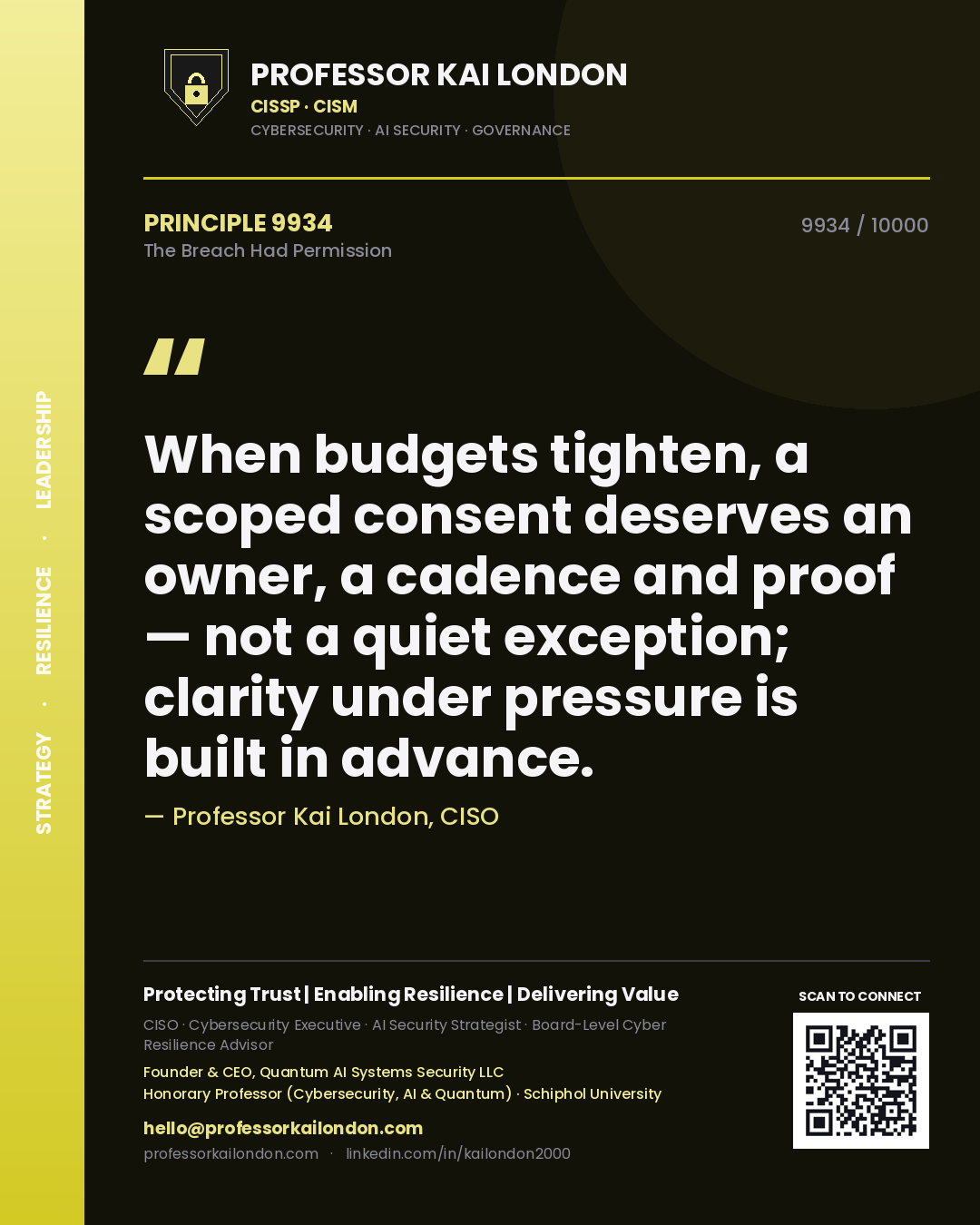 Professor Kai London principle 9934: When budgets tighten, a scoped consent deserves an owner, a cadence and proof — not a quiet exception; clarity under pressure is built in advance.