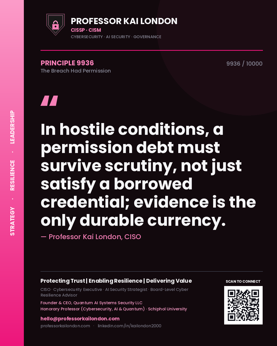 Quote card by Professor Kai London reading 'In hostile conditions, a permission debt must survive scrutiny, not just satisfy a borrowed credential; evidence is the only durable currency.'. From the book The Breach Had Permission.
