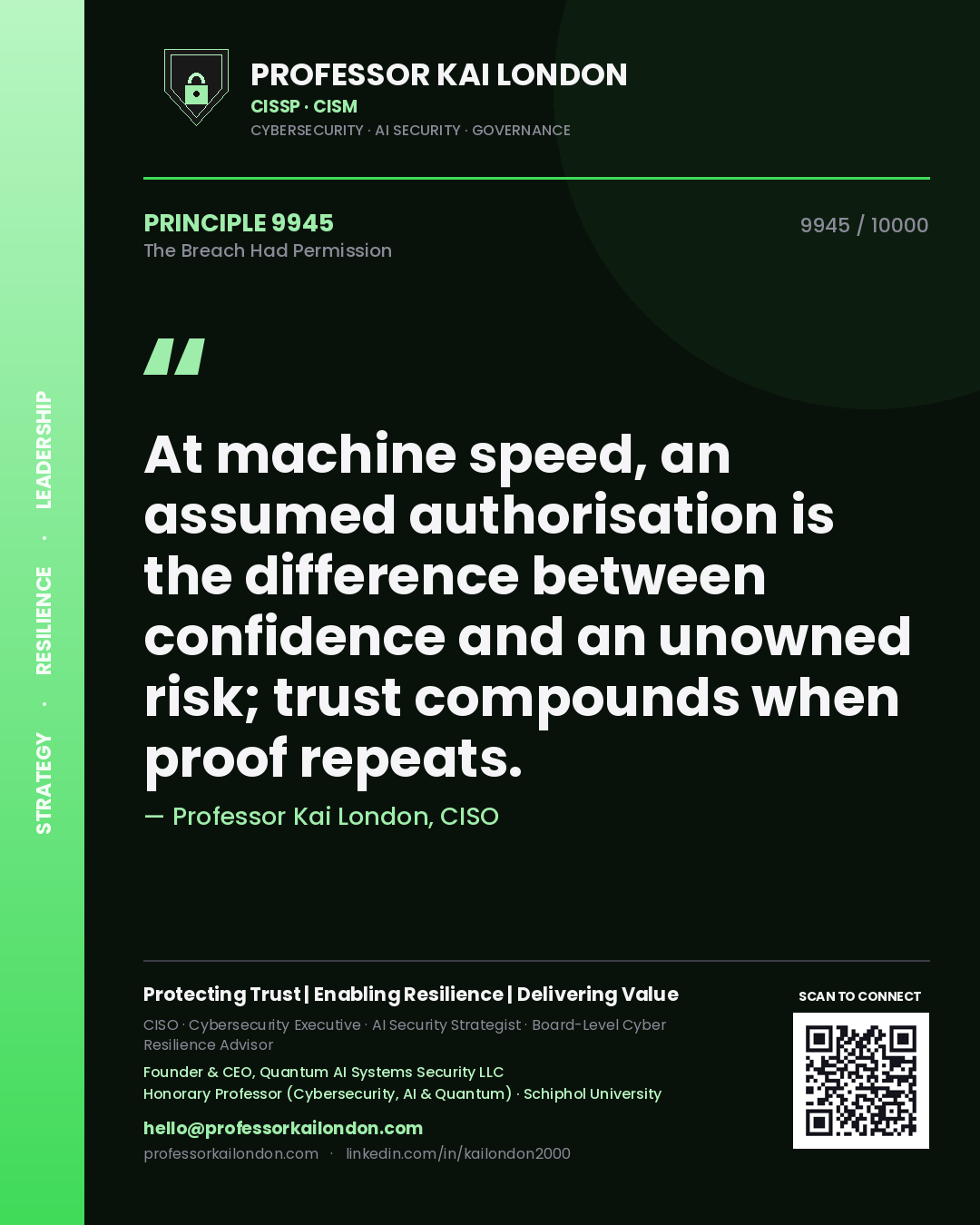 Professor Kai London principle 9945: At machine speed, an assumed authorisation is the difference between confidence and an unowned risk; trust compounds when proof repeats.