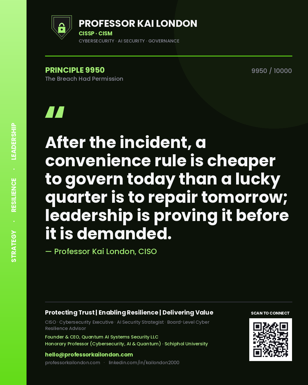 Professor Kai London principle 9950: After the incident, a convenience rule is cheaper to govern today than a lucky quarter is to repair tomorrow; leadership is proving it before it is demanded.