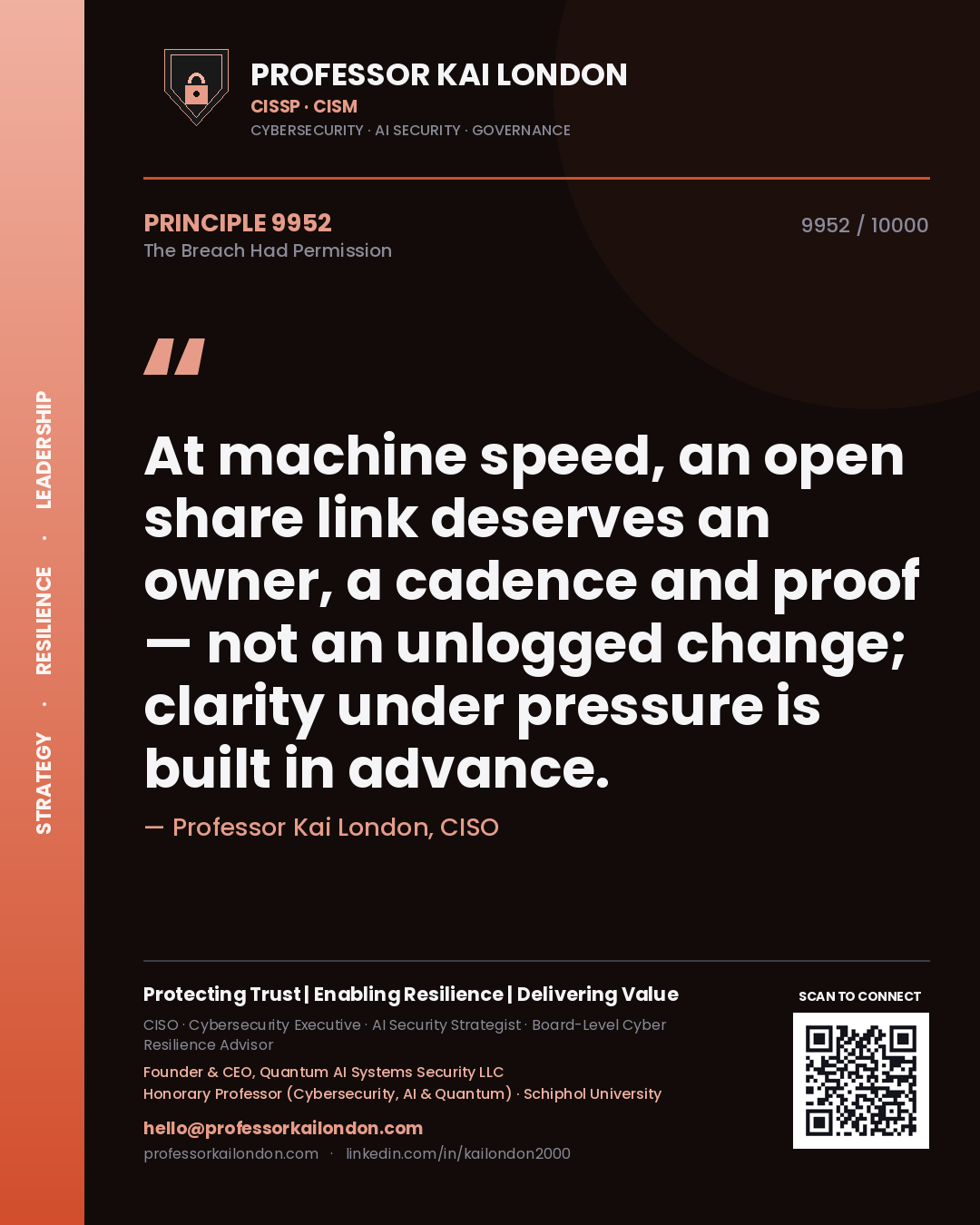 Professor Kai London principle 9952: At machine speed, an open share link deserves an owner, a cadence and proof — not an unlogged change; clarity under pressure is built in advance.