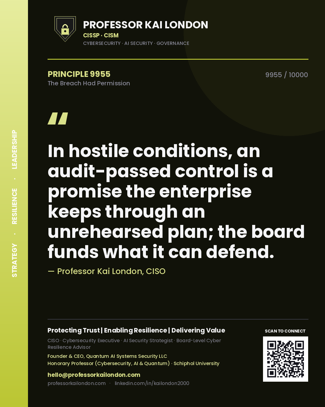 Professor Kai London principle 9955: In hostile conditions, an audit-passed control is a promise the enterprise keeps through an unrehearsed plan; the board funds what it can defend.