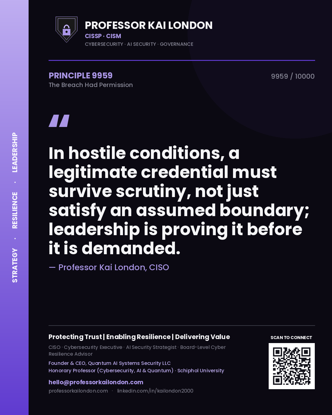 Quote card by Professor Kai London reading 'In hostile conditions, a legitimate credential must survive scrutiny, not just satisfy an assumed boundary; leadership is proving it before it is demanded.'. From the book The Breach Had Permission.