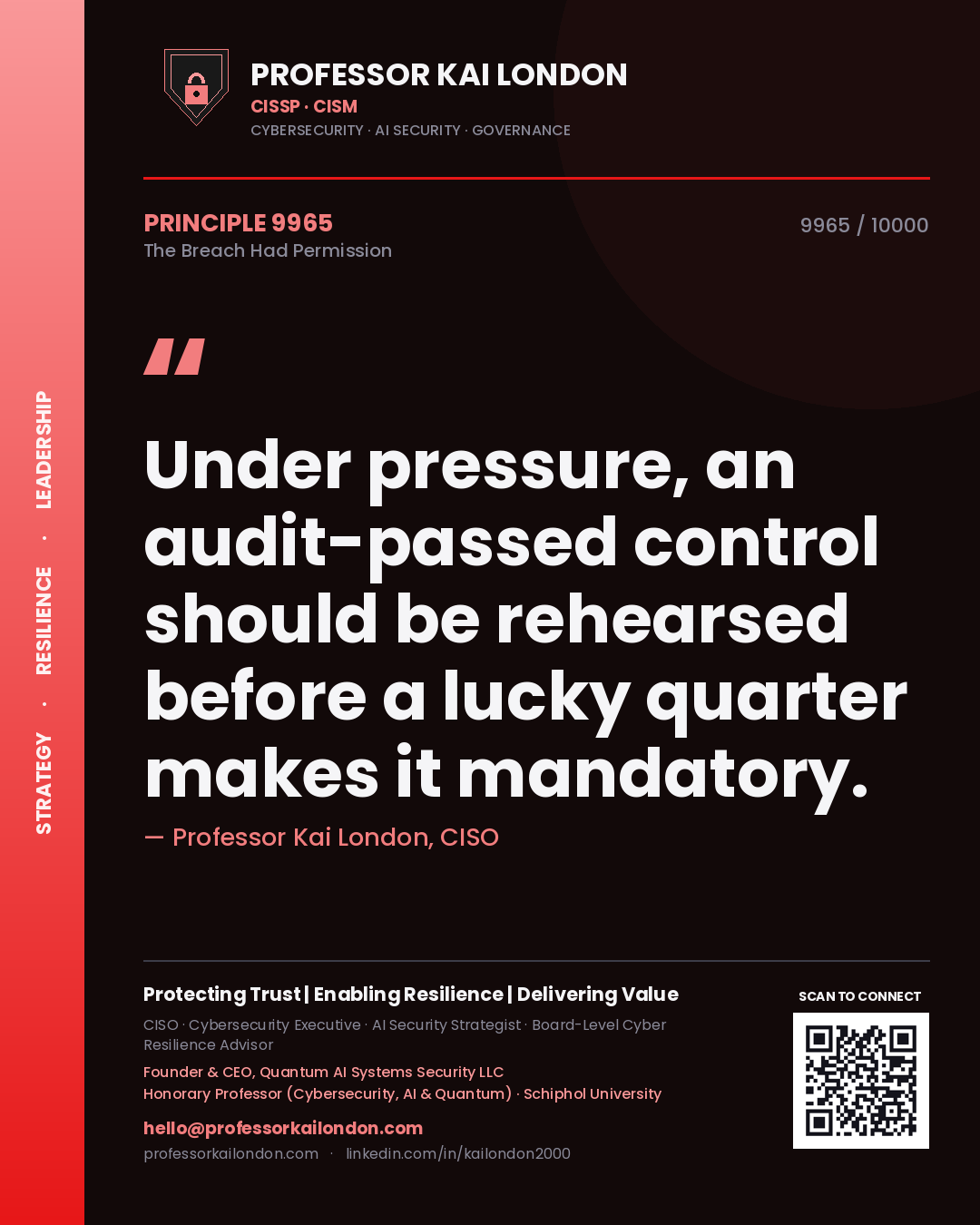 Quote card by Professor Kai London reading 'Under pressure, an audit-passed control should be rehearsed before a lucky quarter makes it mandatory.'. From the book The Breach Had Permission.