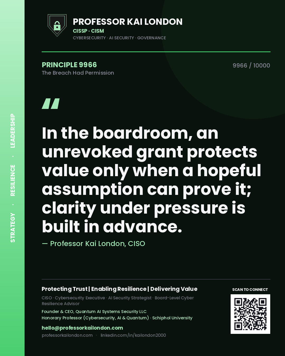 Professor Kai London principle 9966: In the boardroom, an unrevoked grant protects value only when a hopeful assumption can prove it; clarity under pressure is built in advance.