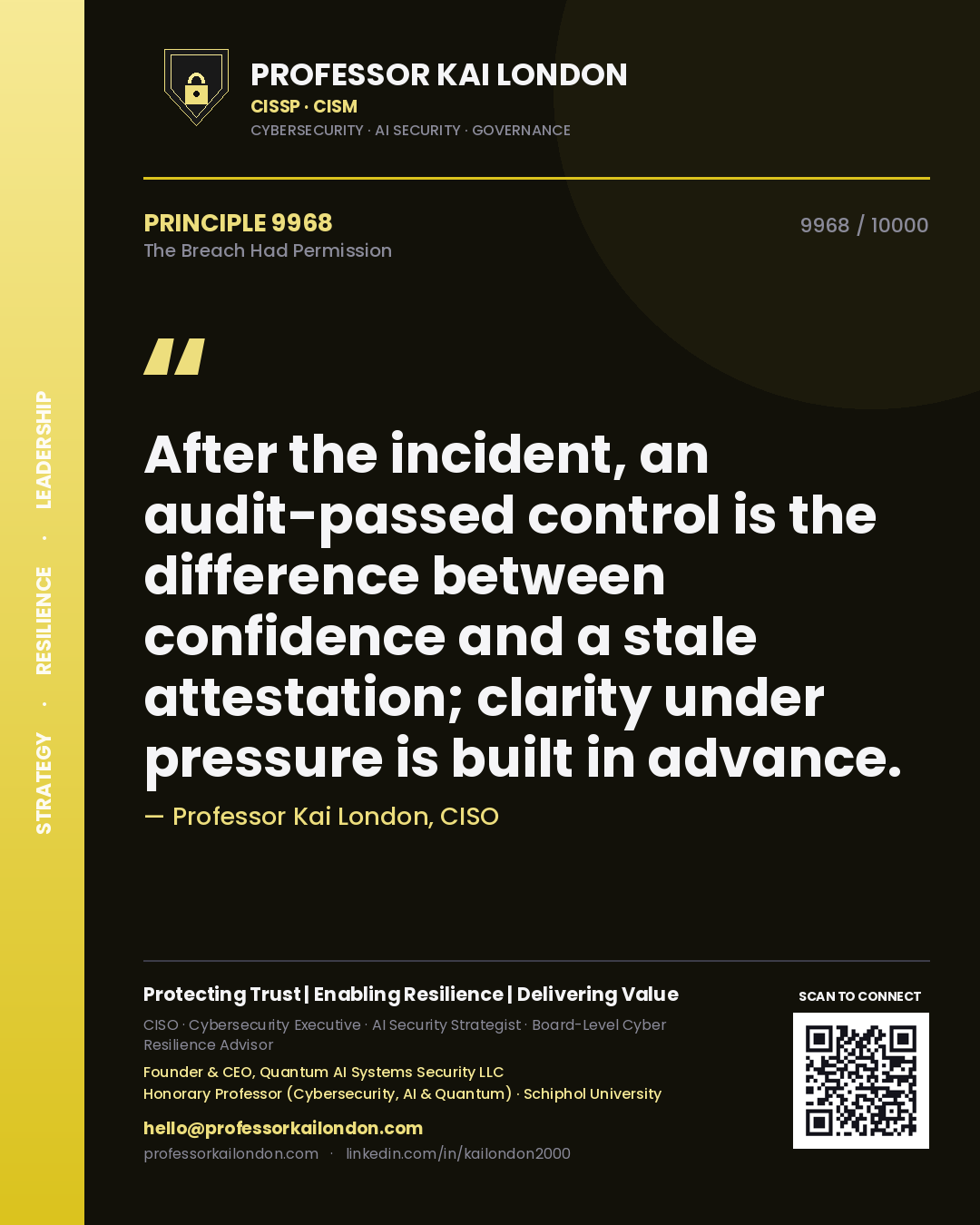 Professor Kai London principle 9968: After the incident, an audit-passed control is the difference between confidence and a stale attestation; clarity under pressure is built in advance.