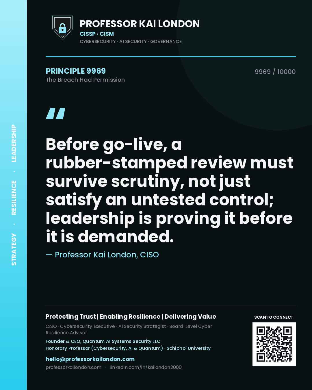 Professor Kai London principle 9969: Before go-live, a rubber-stamped review must survive scrutiny, not just satisfy an untested control; leadership is proving it before it is demanded.