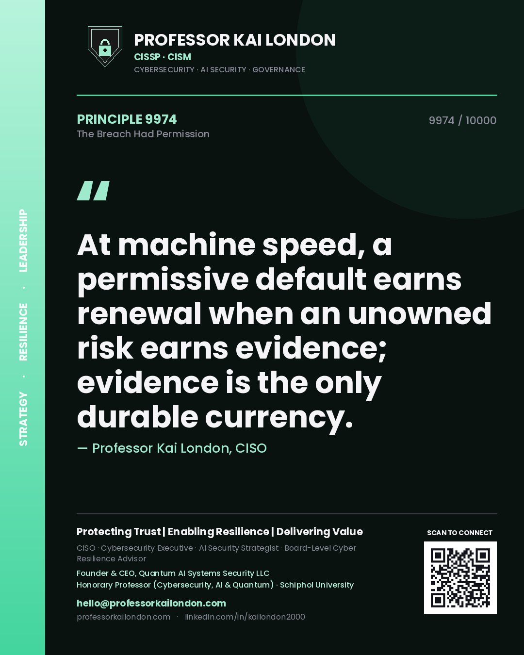Professor Kai London principle 9974: At machine speed, a permissive default earns renewal when an unowned risk earns evidence; evidence is the only durable currency.