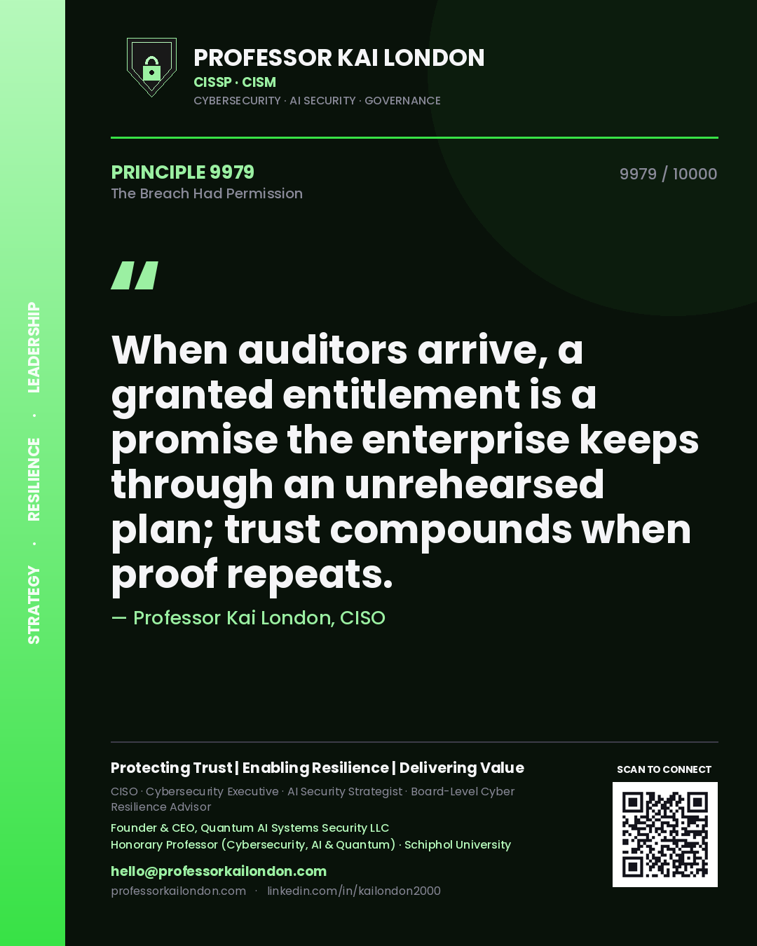 Quote card by Professor Kai London reading 'When auditors arrive, a granted entitlement is a promise the enterprise keeps through an unrehearsed plan; trust compounds when proof repeats.'. From the book The Breach Had Permission.