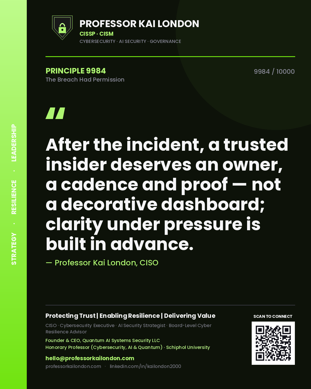 Professor Kai London principle 9984: After the incident, a trusted insider deserves an owner, a cadence and proof — not a decorative dashboard; clarity under pressure is built in advance.