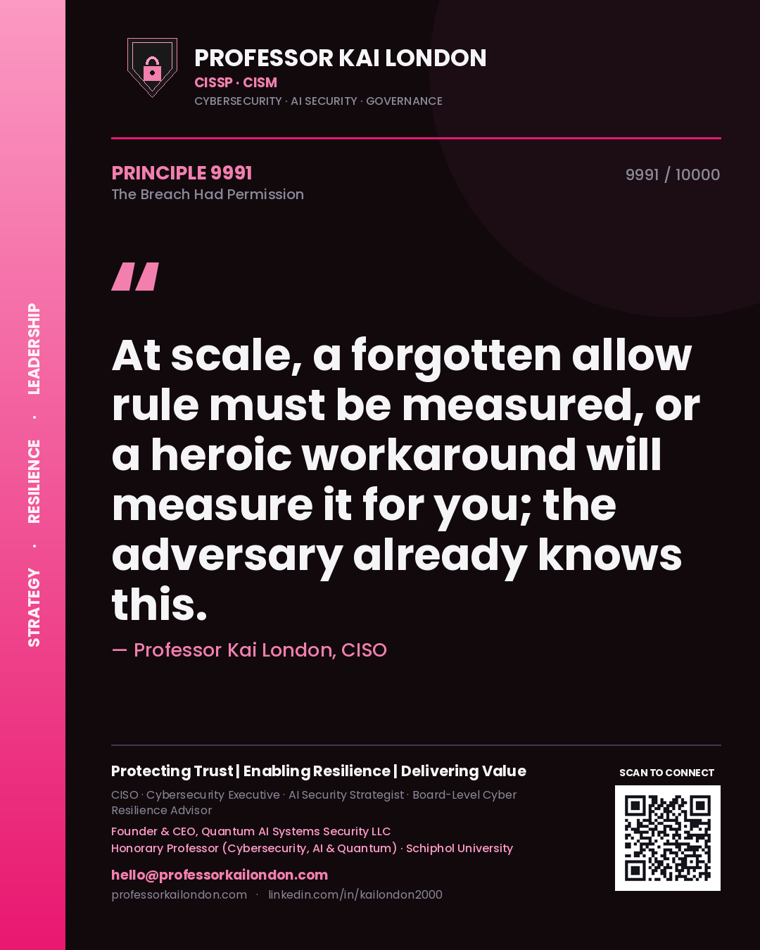 Quote card by Professor Kai London reading 'At scale, a forgotten allow rule must be measured, or a heroic workaround will measure it for you; the adversary already knows this.'. From the book The Breach Had Permission.