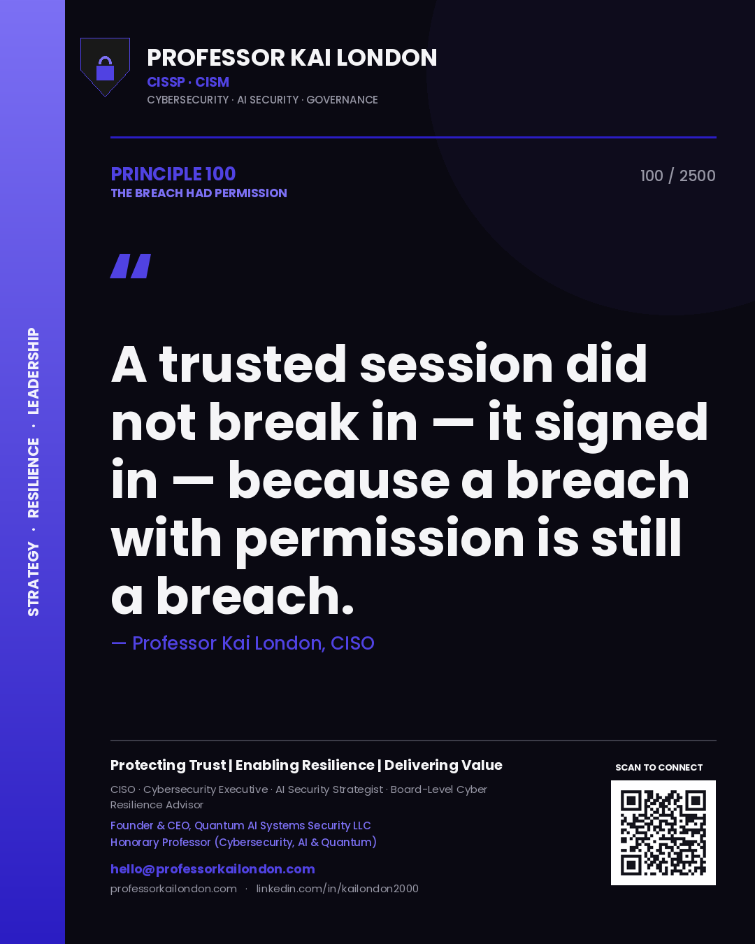 Quote card by Professor Kai London reading 'A trusted session did not break in — it signed in — because a breach with permission is still a breach.'. From the book The Breach Had Permission.