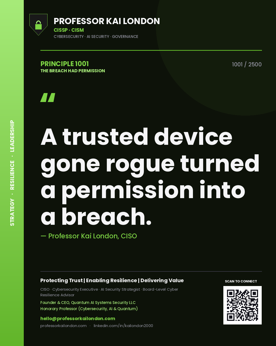 Professor Kai London principle 1001: A trusted device gone rogue turned a permission into a breach.