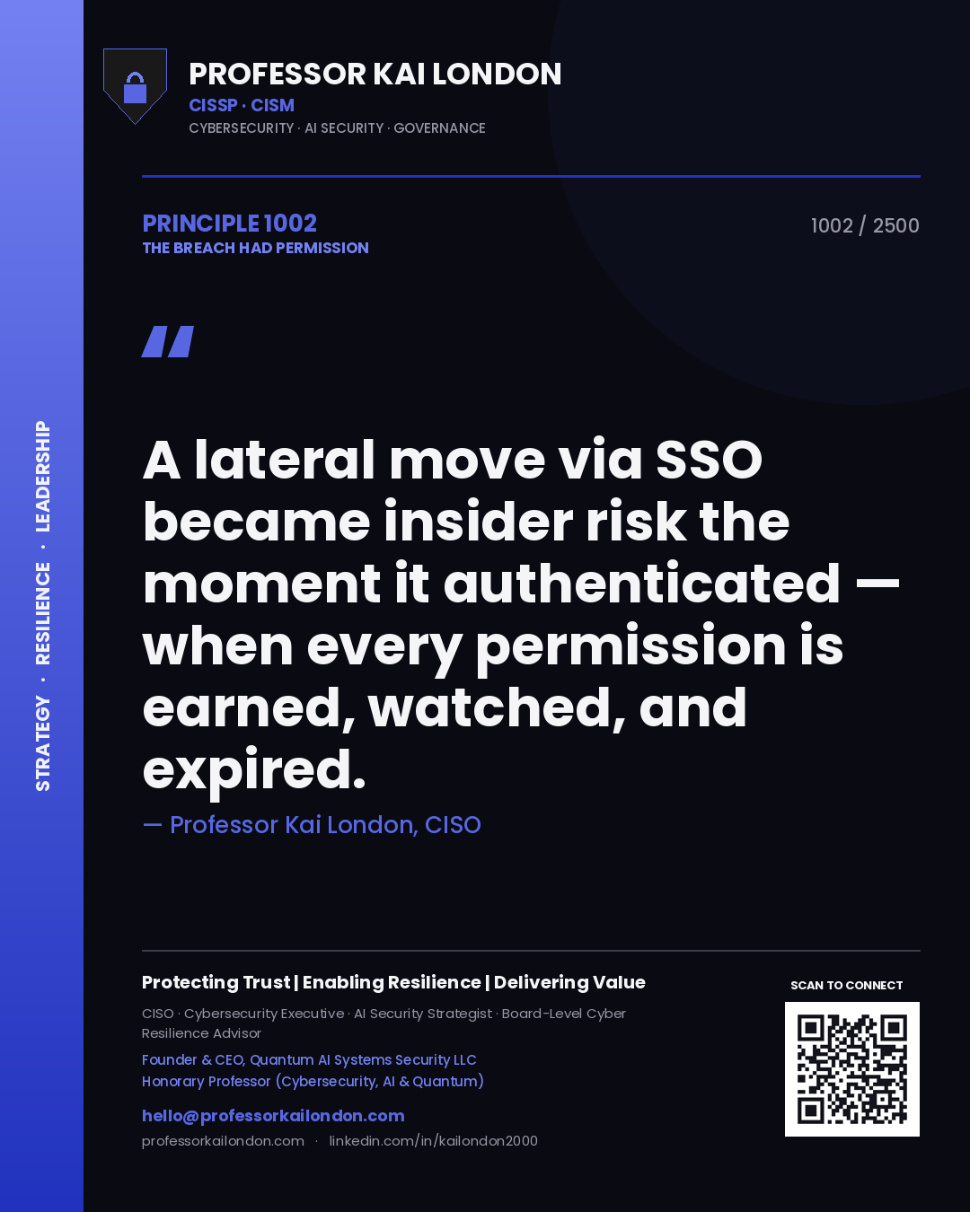 Professor Kai London principle 1002: A lateral move via SSO became insider risk the moment it authenticated — when every permission is earned, watched, and expired.