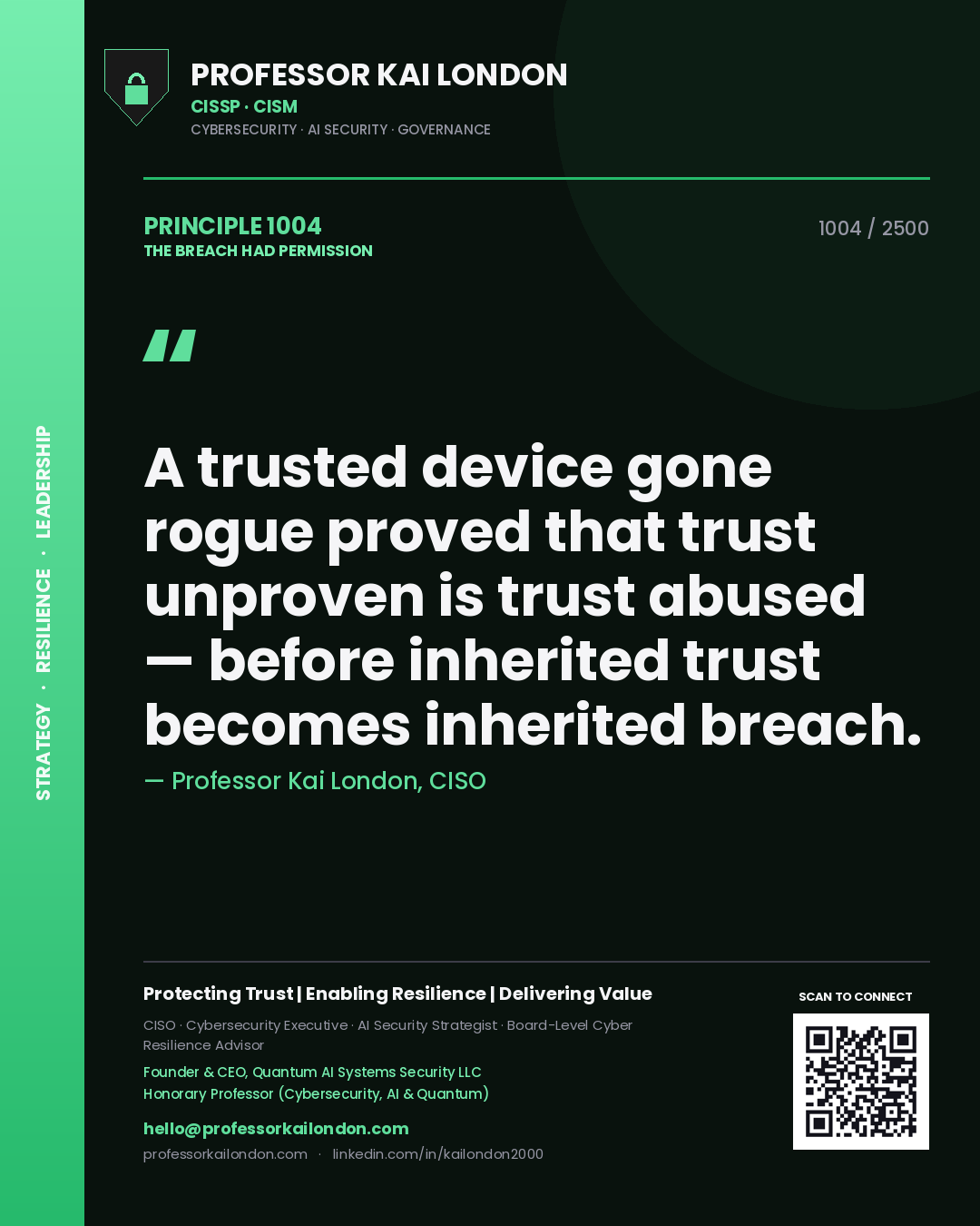 Quote card by Professor Kai London reading 'A trusted device gone rogue proved that trust unproven is trust abused — before inherited trust becomes inherited breach.'. From the book The Breach Had Permission.