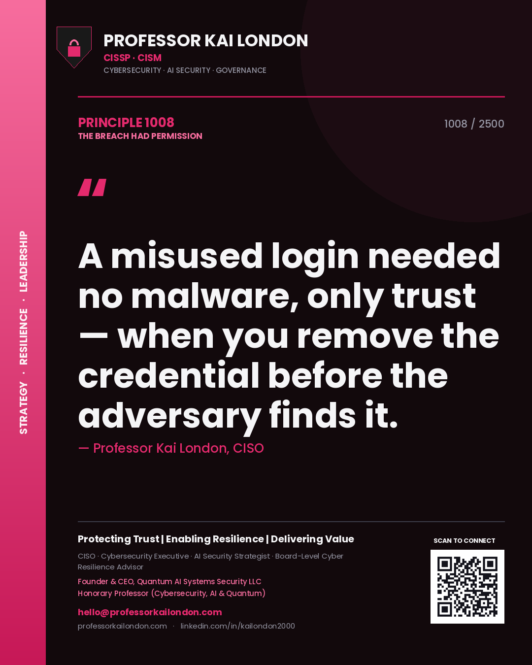 Professor Kai London principle 1008: A misused login needed no malware, only trust — when you remove the credential before the adversary finds it.