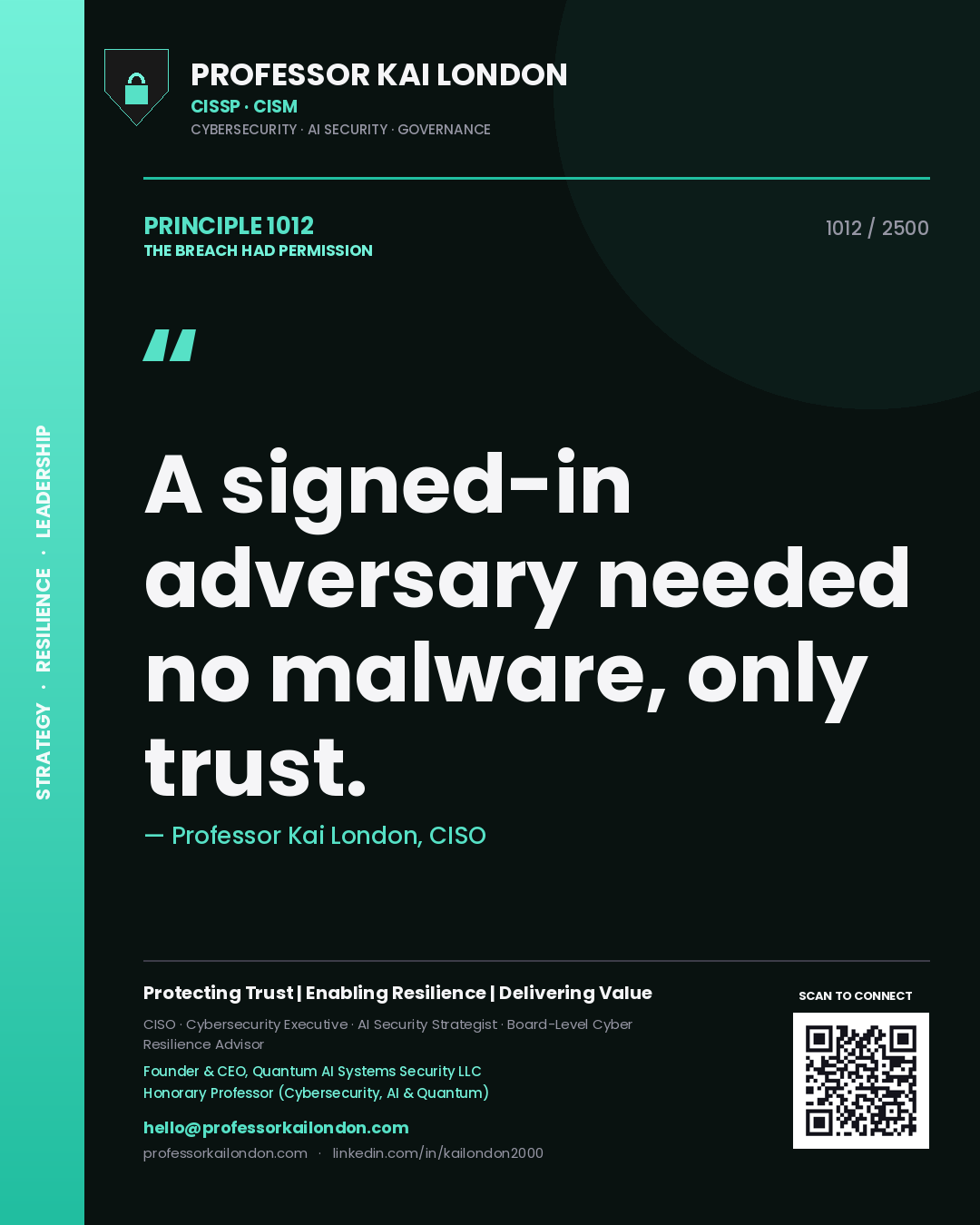 Quote card by Professor Kai London reading 'A signed-in adversary needed no malware, only trust.'. From the book The Breach Had Permission.