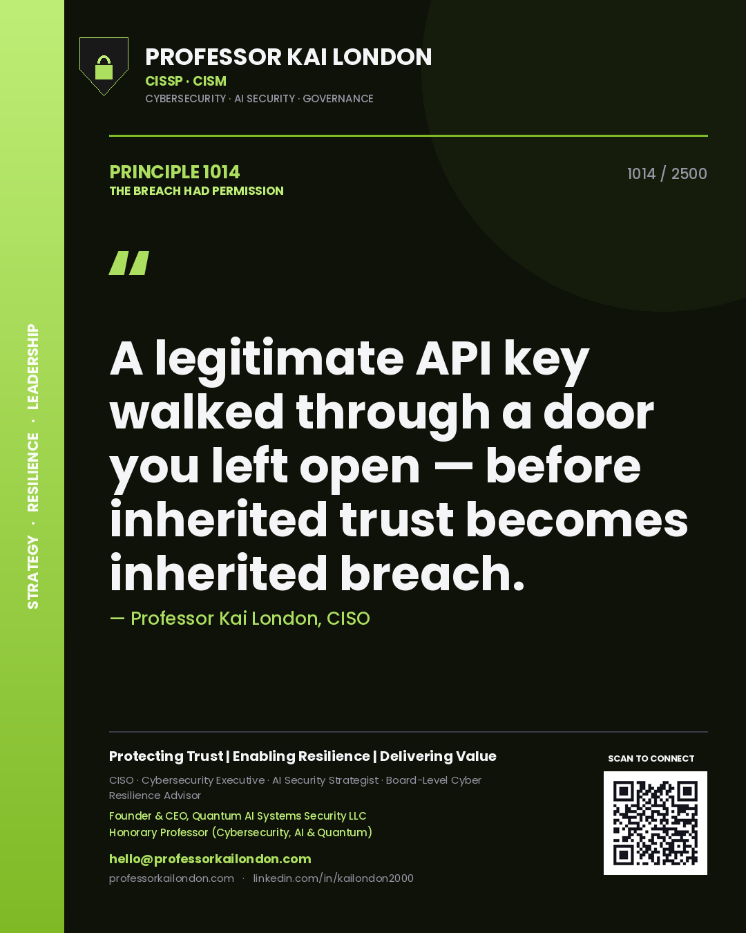 Quote card by Professor Kai London reading 'A legitimate API key walked through a door you left open — before inherited trust becomes inherited breach.'. From the book The Breach Had Permission.