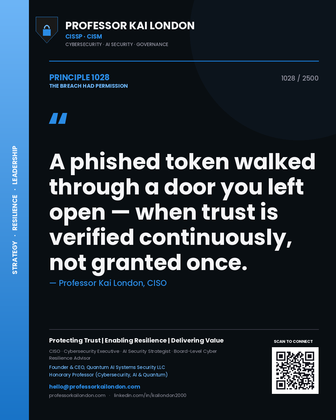 Professor Kai London principle 1028: A phished token walked through a door you left open — when trust is verified continuously, not granted once.