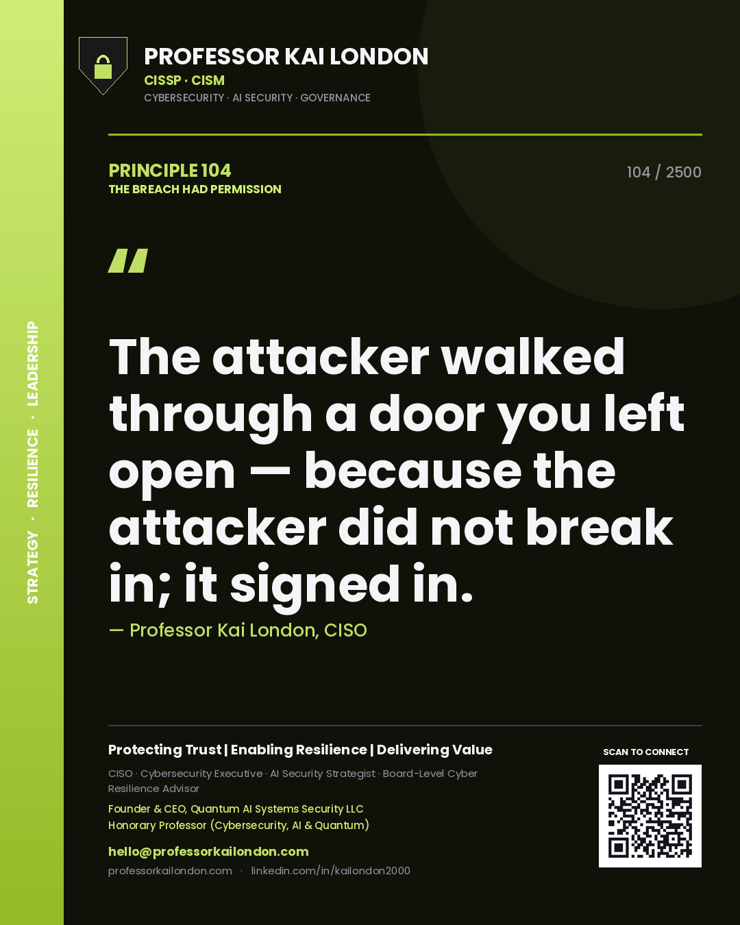 Quote card by Professor Kai London reading 'The attacker walked through a door you left open — because the attacker did not break in; it signed in.'. From the book The Breach Had Permission.