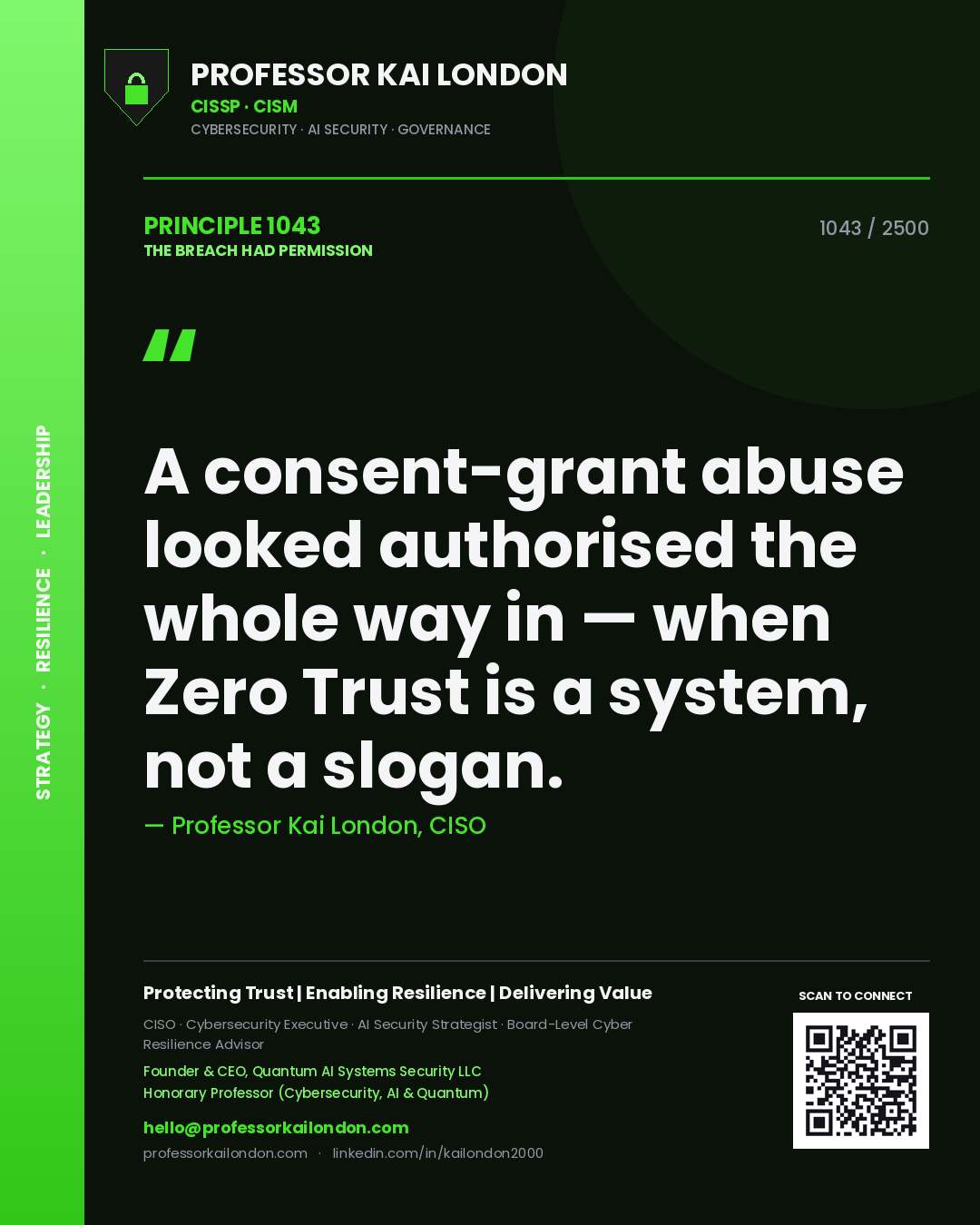 Quote card by Professor Kai London reading 'A consent-grant abuse looked authorised the whole way in — when Zero Trust is a system, not a slogan.'. From the book The Breach Had Permission.