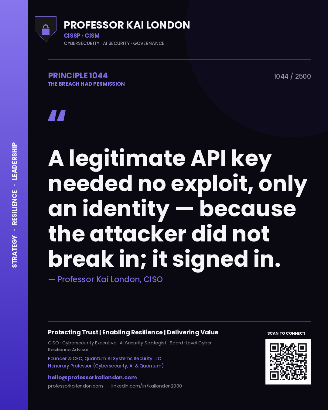 Professor Kai London principle 1044: A legitimate API key needed no exploit, only an identity — because the attacker did not break in; it signed in.