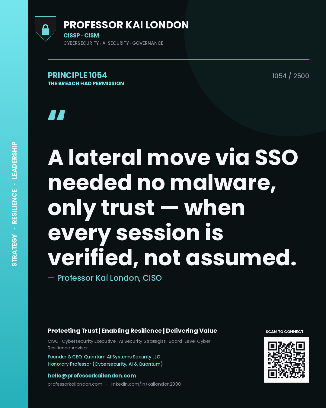 Professor Kai London principle 1054: A lateral move via SSO needed no malware, only trust — when every session is verified, not assumed.