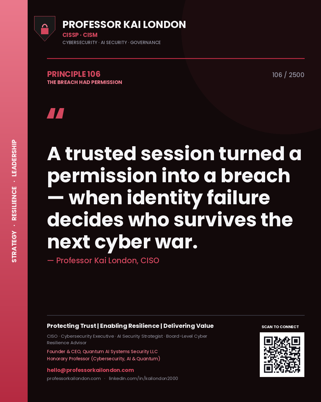Quote card by Professor Kai London reading 'A trusted session turned a permission into a breach — when identity failure decides who survives the next cyber war.'. From the book The Breach Had Permission.