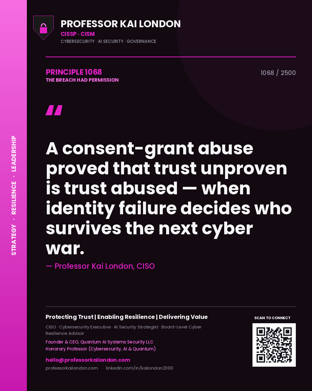 Professor Kai London principle 1068: A consent-grant abuse proved that trust unproven is trust abused — when identity failure decides who survives the next cyber war.