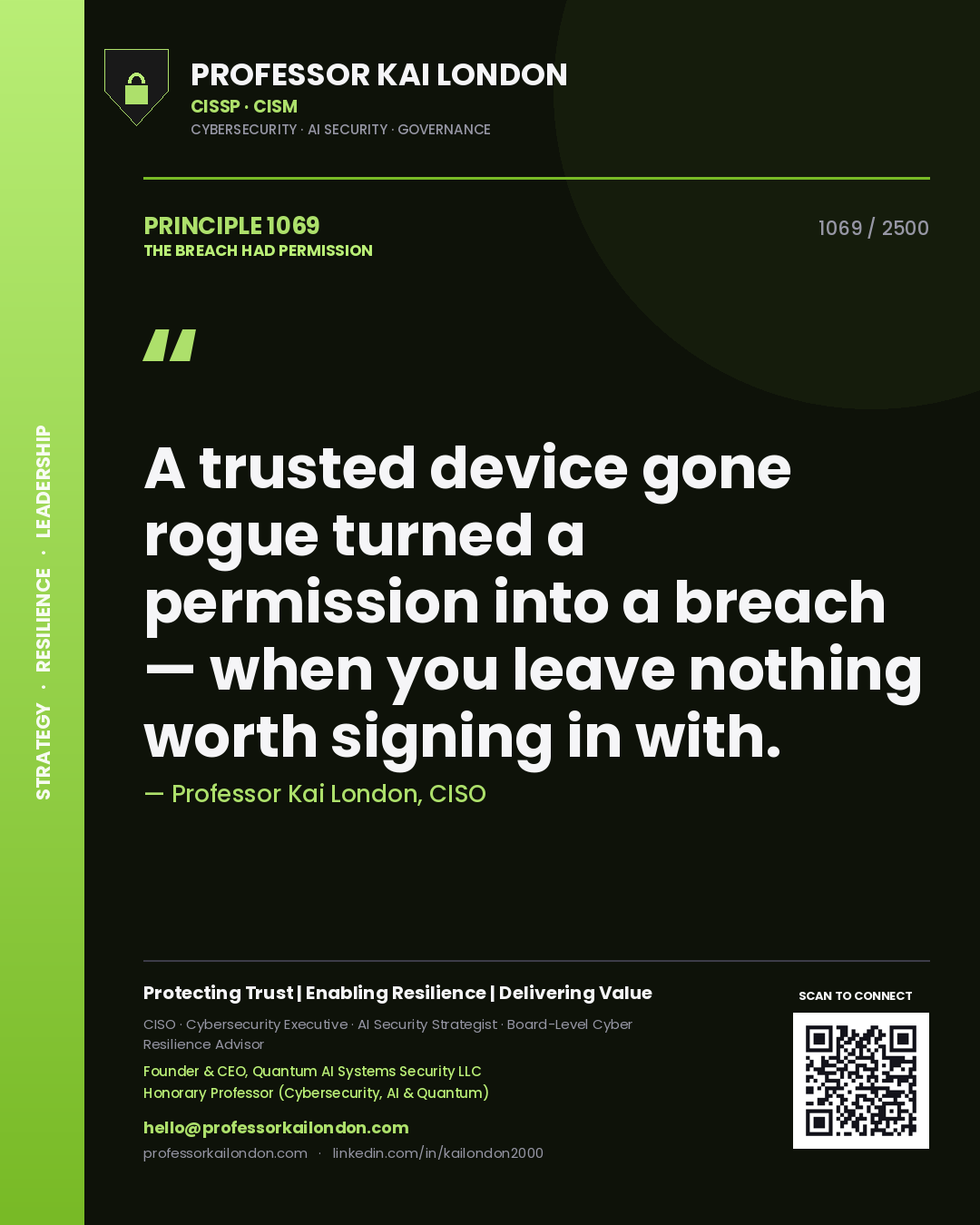 Quote card by Professor Kai London reading 'A trusted device gone rogue turned a permission into a breach — when you leave nothing worth signing in with.'. From the book The Breach Had Permission.