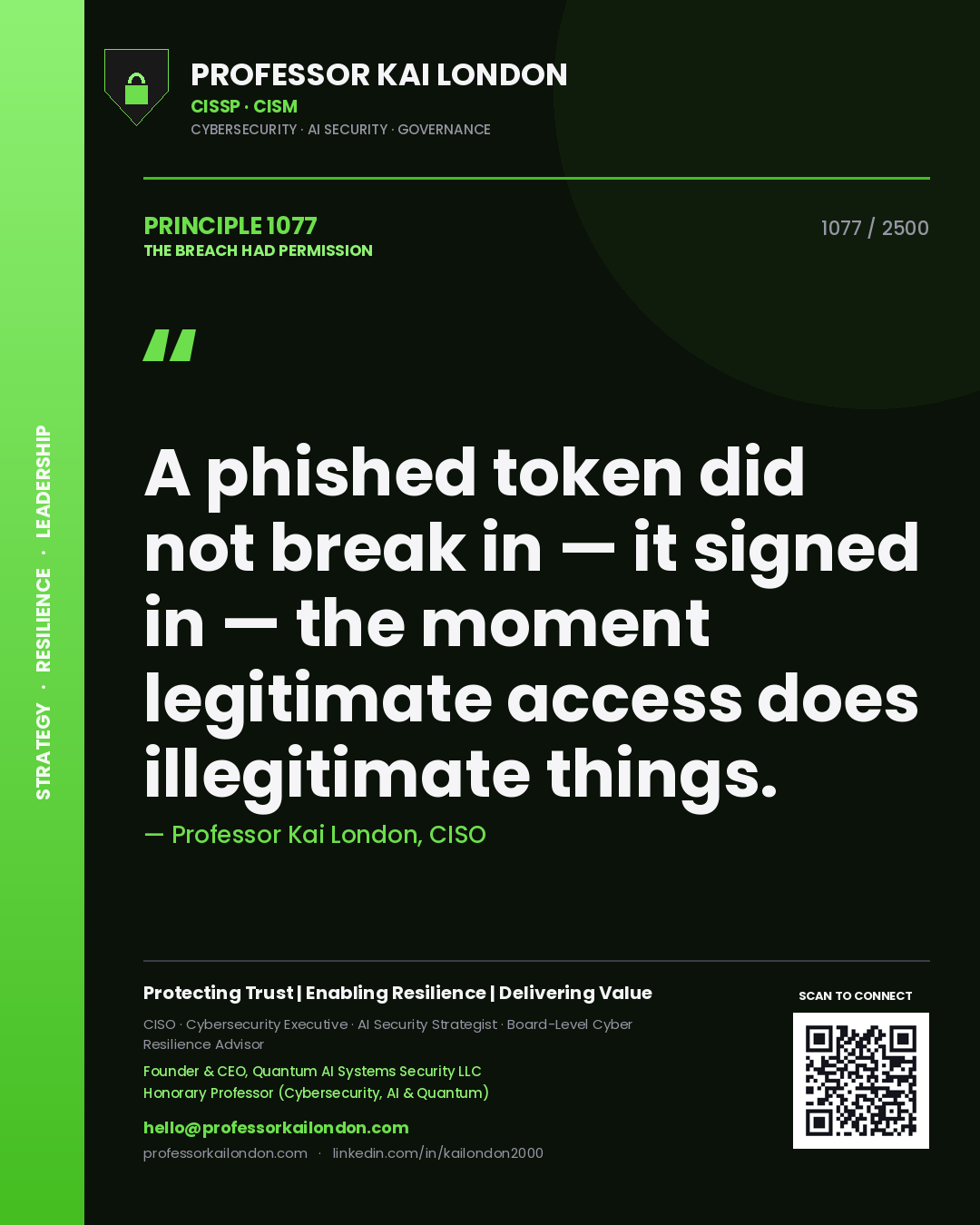 Professor Kai London principle 1077: A phished token did not break in — it signed in — the moment legitimate access does illegitimate things.