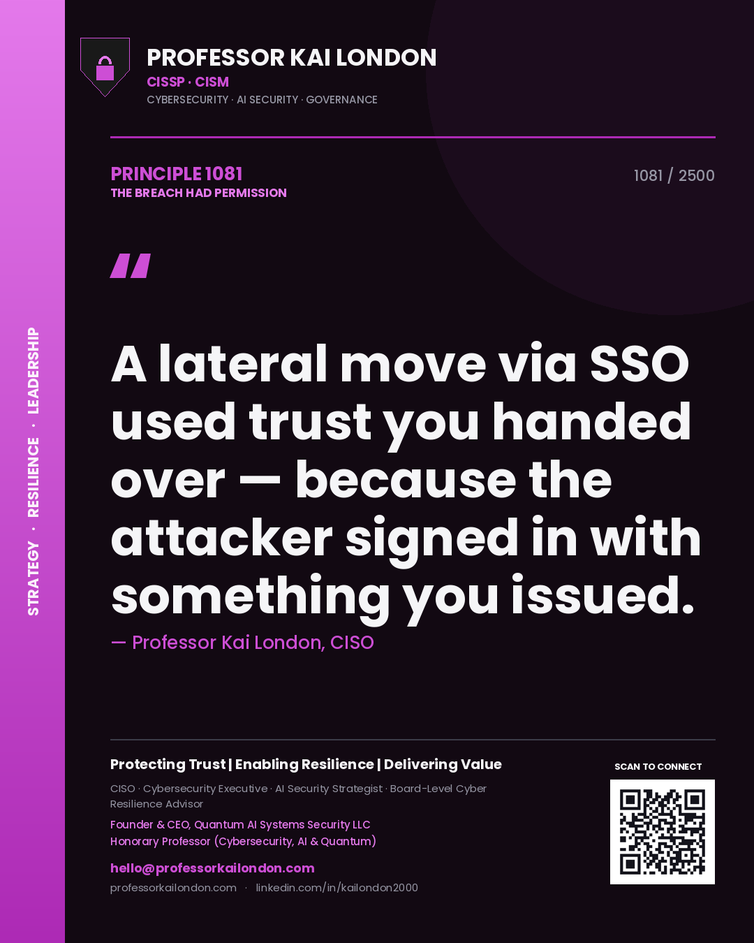 Professor Kai London principle 1081: A lateral move via SSO used trust you handed over — because the attacker signed in with something you issued.
